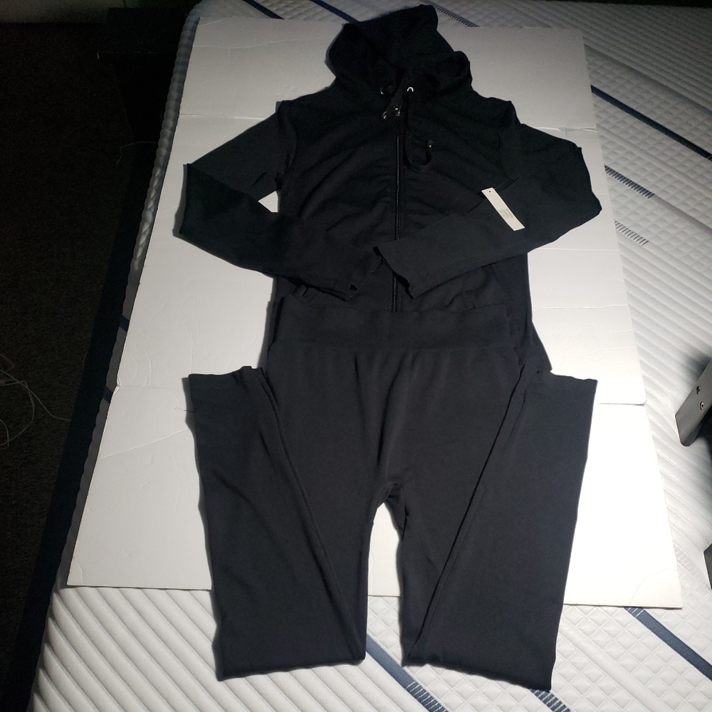 2pc hooded jumpsuit womens black size L/XL with zipper and pockets